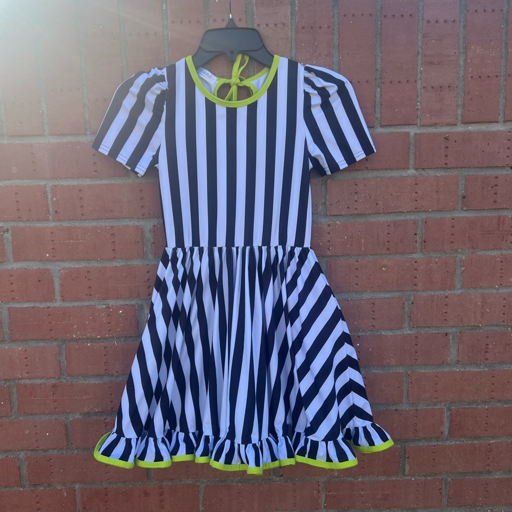 Kids Black & White Striped Dress with lime trim